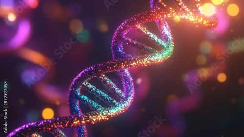 Colorful Abstract Visualization of DNA Double Helix Strands in Glowing Light Setting Presenting Genetic Science and Biotech Concepts.