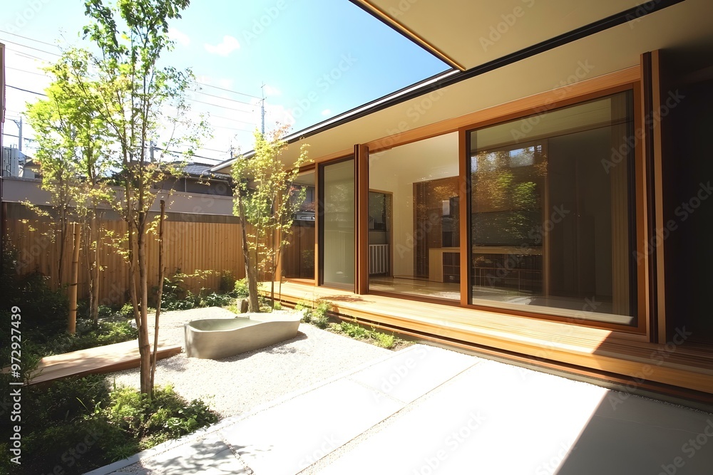 Modern Japanese Backyard with Wooden Deck and Stone Pond Modern Japanese Backyard with Wooden Deck and Stone Pond