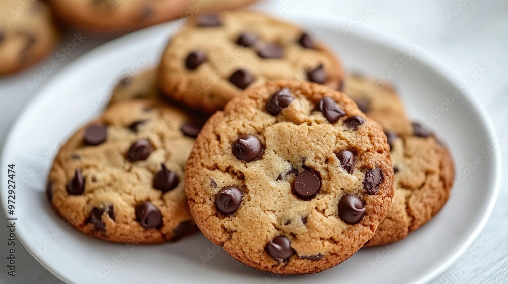 A close-up of freshly baked cookies with chocolate chips, arranged neatly on a white plate, highlighting their golden-brown color and gooey texture. A close-up of freshly baked cookies with chocolate chips, arranged neatly on a white plate, highlighting their golden-brown color and gooey texture.