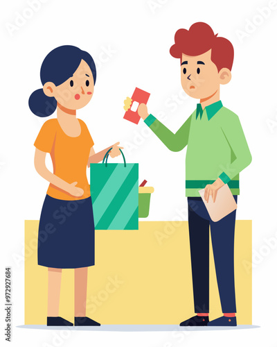 A regular shopper hands over a wad of coupons to the cashier only to be embarrassed when they are all returned with a polite reminder that they have expired.. Vector illustration