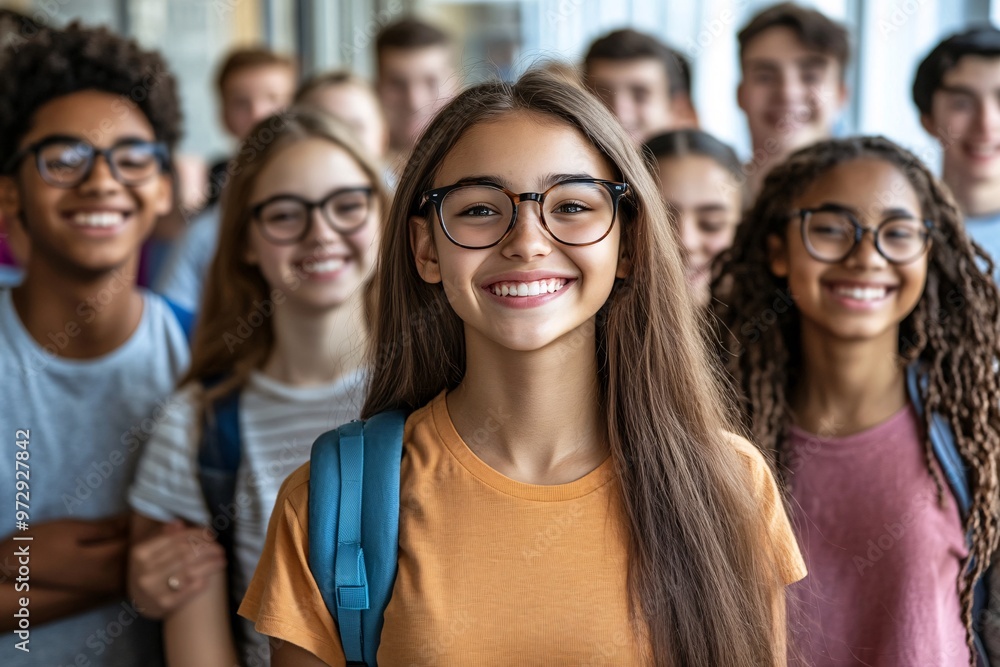 Fototapeta premium Group of diverse high school students smiles together in a bright hallway during a sunny afternoon after classes