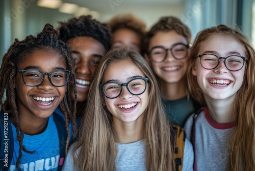 Group of diverse high school students smiles together in a bright hallway during a sunny afternoon after classes