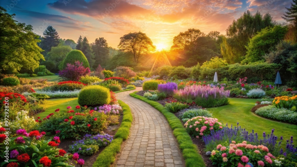 A serene garden with a path leading to the sunset, surrounded by colorful flowers and trees in the background, garden, path A serene garden with a path leading to the sunset, surrounded by colorful flowers and trees in the background, garden, path