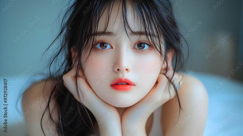 Close-Up Portrait of a Young Woman with Long Black Hair, Looking Directly at the Camera with a Soft and Pensive Expression, Wearing a White Tank Top with Her Hands Resting on Her Chin Close-Up Portrait of a Young Woman with Long Black Hair, Looking Directly at the Camera with a Soft and Pensive Expression, Wearing a White Tank Top with Her Hands Resting on Her Chin