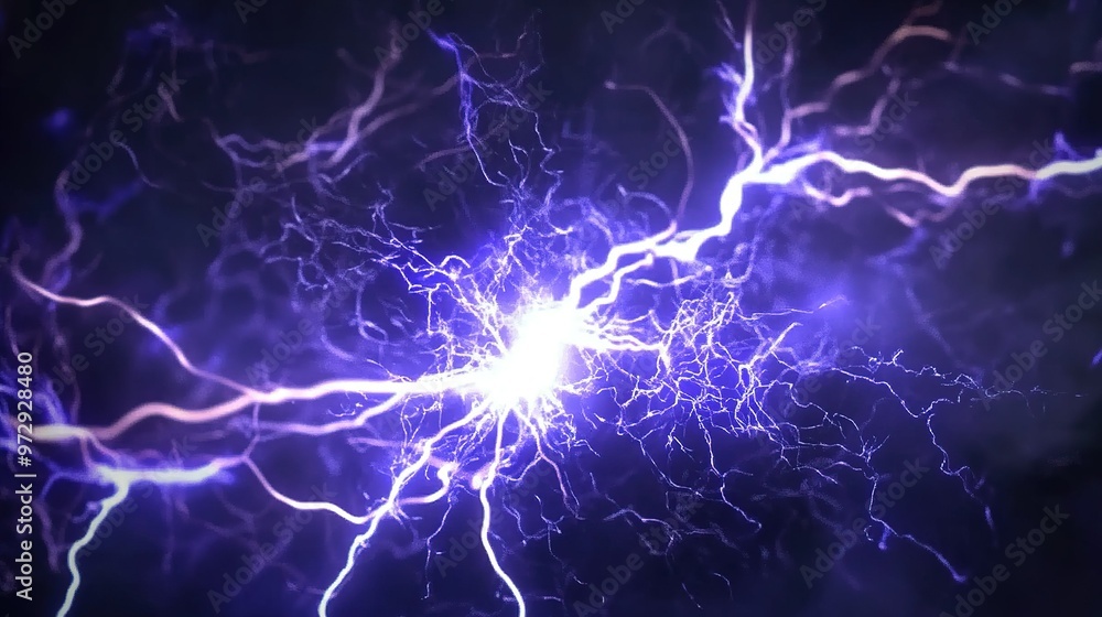 Bright electric lightning striking in a dark background, illustrating energy and power in a dramatic display Bright electric lightning striking in a dark background, illustrating energy and power in a dramatic display