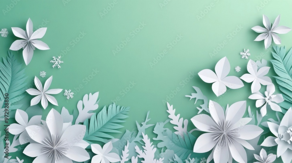 Winter Paper Cut White Blooming Flowers on green Background, Origami Art Craft Design, Decorative Floral Border for Holiday and Seasonal Themes. Winter Paper Cut White Blooming Flowers on green Background, Origami Art Craft Design, Decorative Floral Border for Holiday and Seasonal Themes.