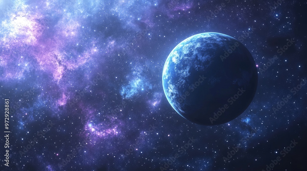 A lone planet, with blue and white swirls, is nestled within a nebula of pink and purple hues, surrounded by a vast expanse of twinkling stars. A lone planet, with blue and white swirls, is nestled within a nebula of pink and purple hues, surrounded by a vast expanse of twinkling stars.