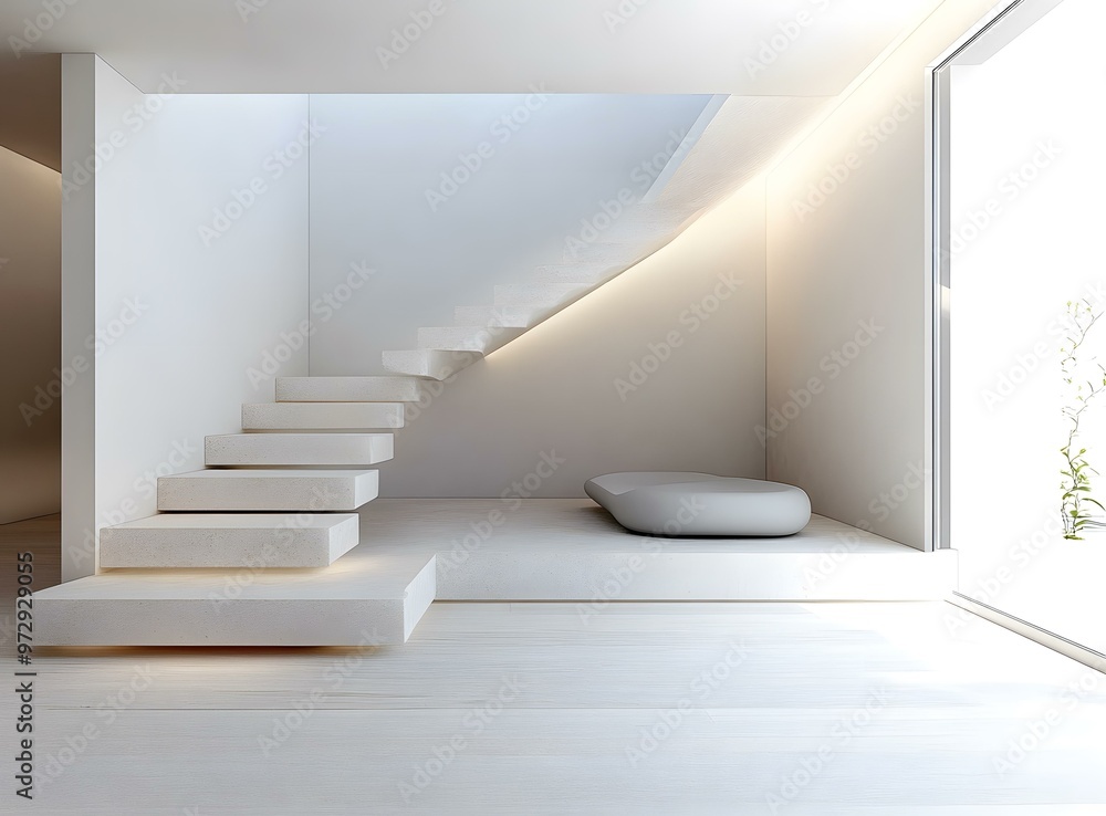 Modern Minimalist White Interior Design with Stairs and Bench Modern Minimalist White Interior Design with Stairs and Bench