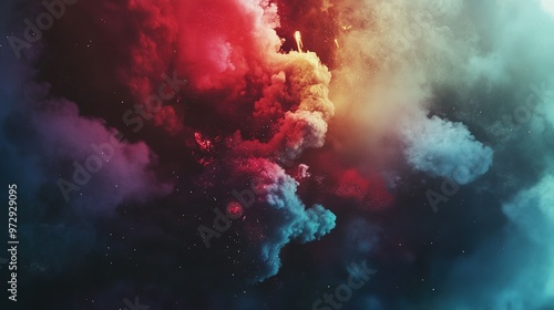 Vibrant clouds of colorful smoke swirling together in a cosmic display during nighttime