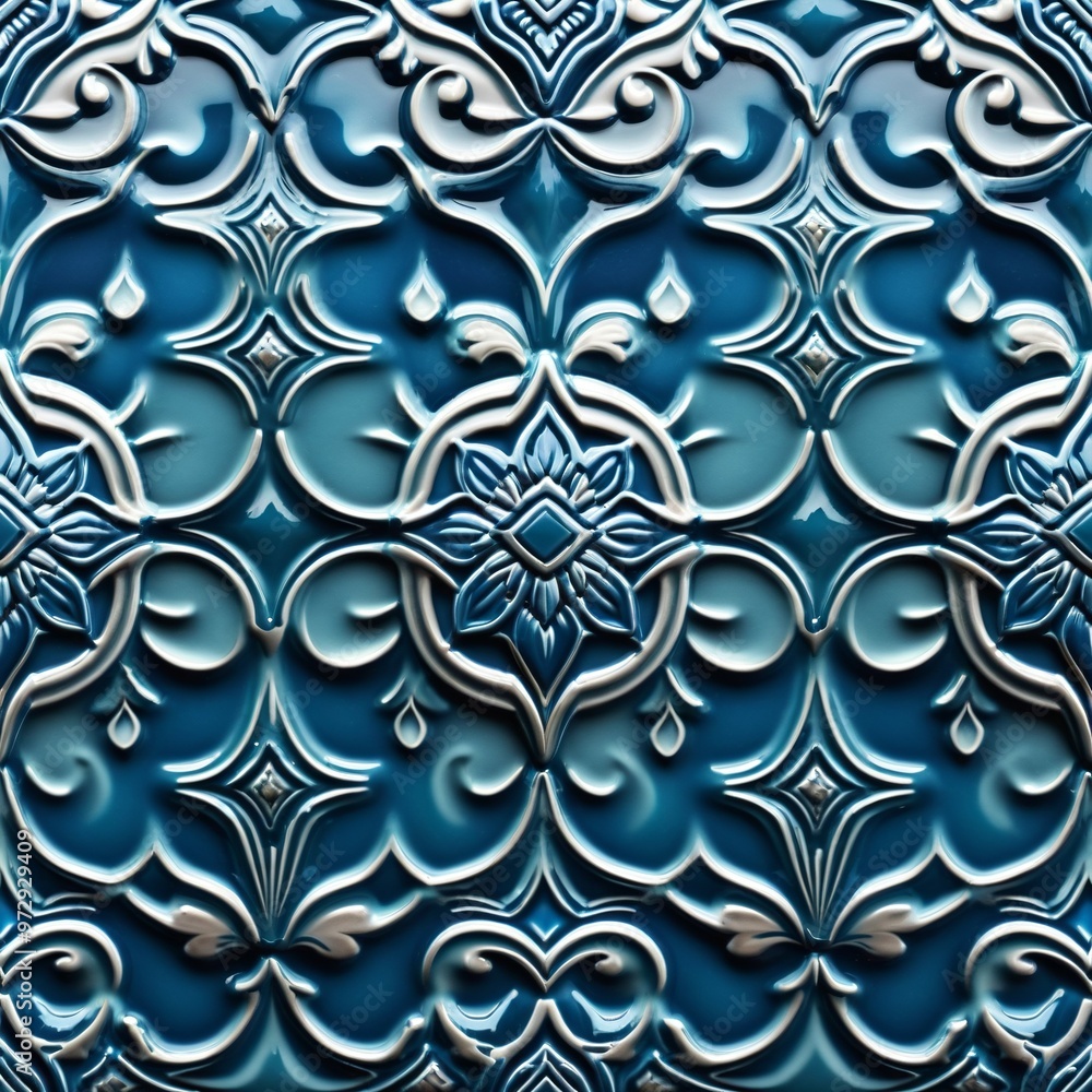 Obraz premium Close-up shot of a blue wall with decorative designs, useful for backgrounds and design inspiration