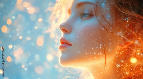 A closeup of a woman's face intertwined with delicate, twinkling fairy lights, casting a gentle, mesmerizing glow.