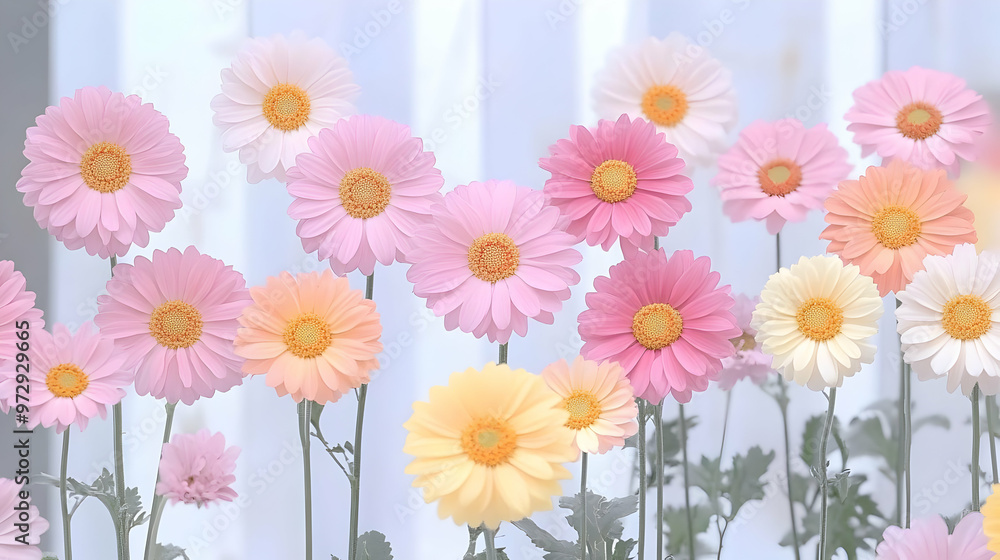 Soft Pastel Daisies Bloom in a Gentle Breeze, a Delicate and Serene Garden Scene with Sun-Kissed Petals, a Breathtaking Display of Floral Elegance. Soft Pastel Daisies Bloom in a Gentle Breeze, a Delicate and Serene Garden Scene with Sun-Kissed Petals, a Breathtaking Display of Floral Elegance.