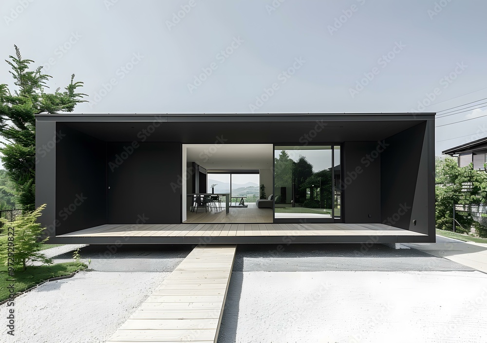 Modern Black Minimalist House Exterior With Wooden Walkway Modern Black Minimalist House Exterior With Wooden Walkway