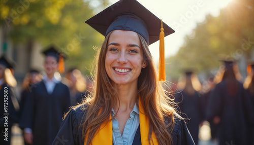 Portrait of a joyful female graduate with blurred students in the sunny background. photo