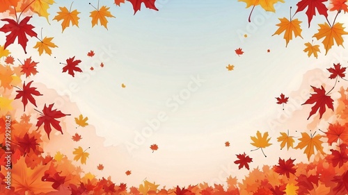 Autumn leaves falling against a light blue sky, creating a colorful border.