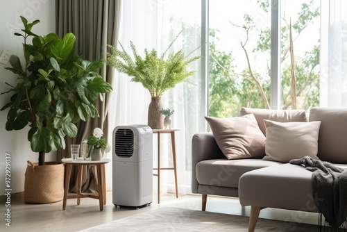 generated illustration of closeup a modern portable air conditioner in house living room