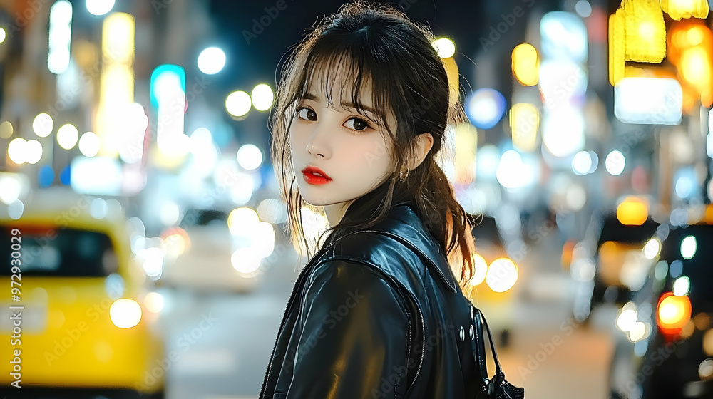 Night City Lights and a Young Woman in a Leather Jacket - Urban Photography, Bokeh Cityscape, Neon City Nightlife Night City Lights and a Young Woman in a Leather Jacket - Urban Photography, Bokeh Cityscape, Neon City Nightlife