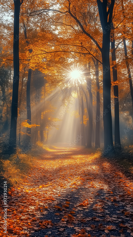 Fototapeta premium Autumn in the forest at dawn.