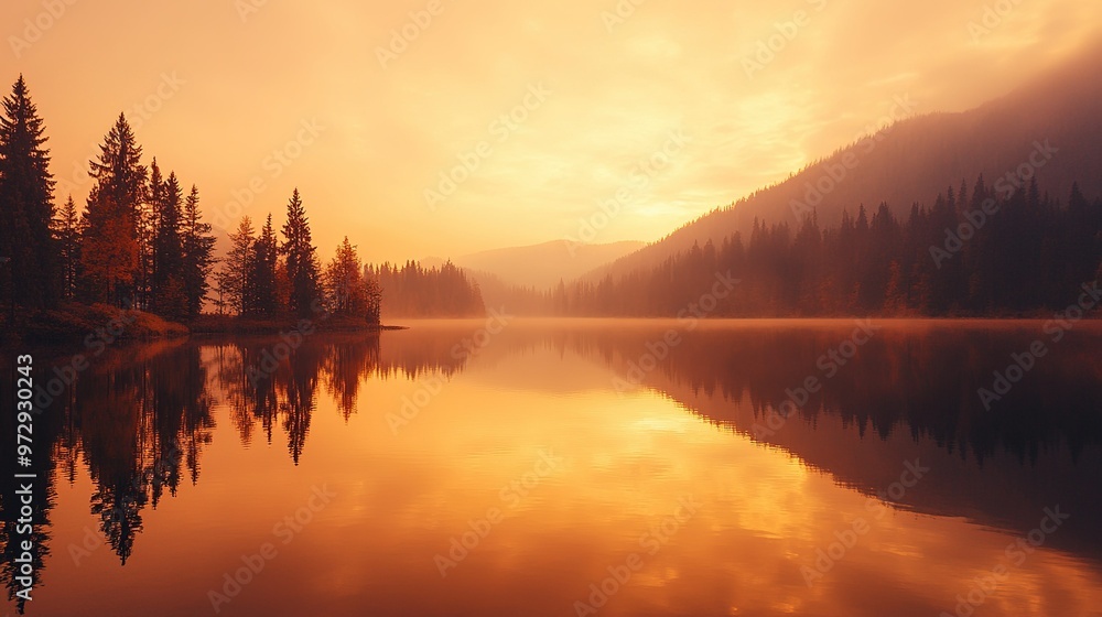 Fototapeta premium Golden sunrise reflects on tranquil lake surrounded by autumn trees and misty mountains in a serene natural landscape