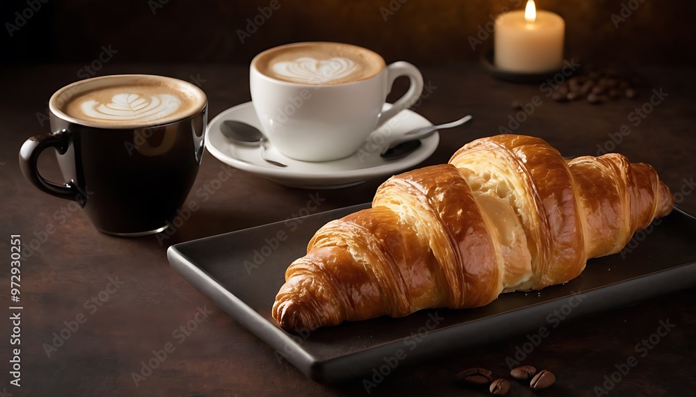 Fresh Croissant and Cup of Cappuccino with beautiful cream latte art Fresh Croissant and Cup of Cappuccino with beautiful cream latte art