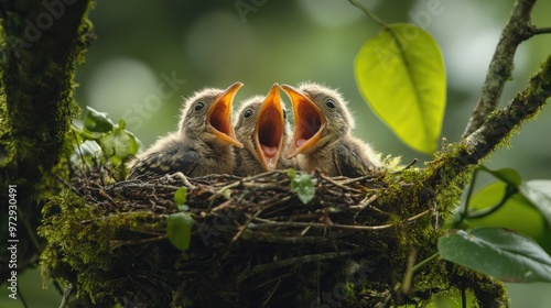 A close-up view of a nest filled with baby birds, mouths open for food, sitting safely in a tree branch covered in soft moss and green leaves.