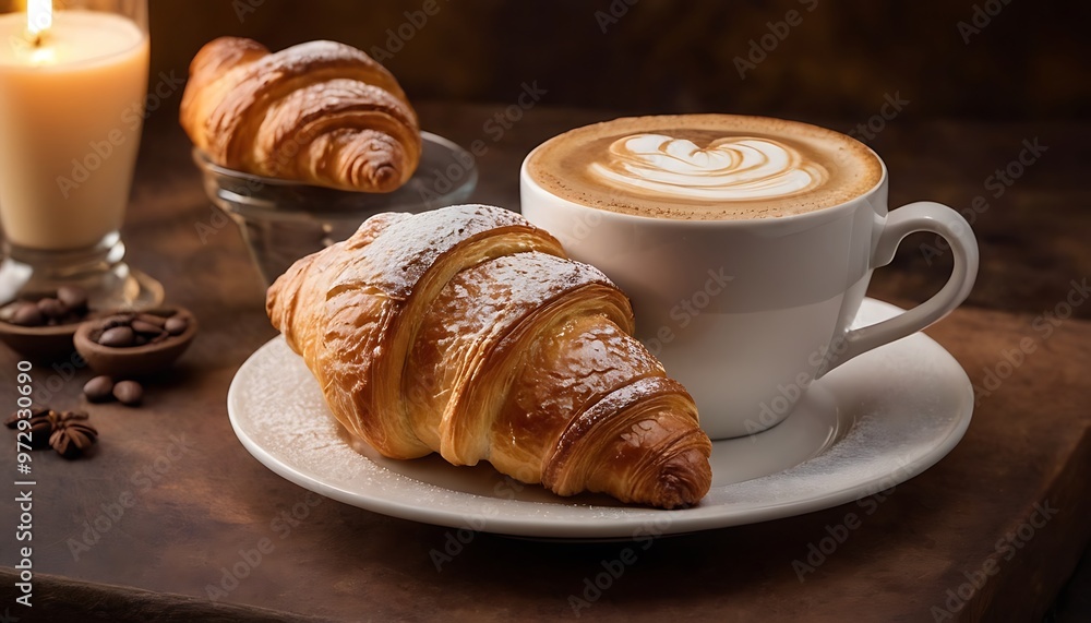 Fresh Croissant and Cup of Cappuccino with beautiful cream latte art Fresh Croissant and Cup of Cappuccino with beautiful cream latte art