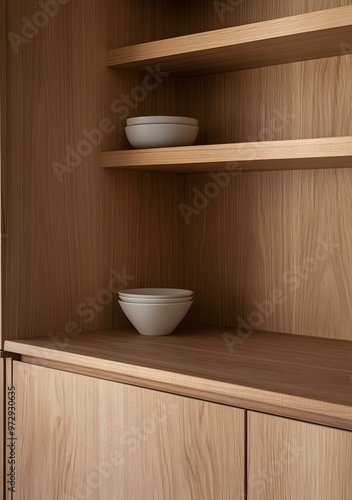 Wooden Kitchen Cabinet With White Bowls