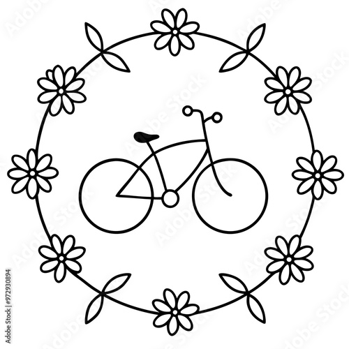 cycle with flowers outline coloring book page line art drawing photo