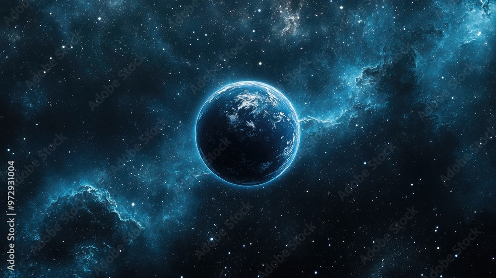 A blue planet, with white clouds and swirling blue nebula in the background, floats in space. A blue planet, with white clouds and swirling blue nebula in the background, floats in space.