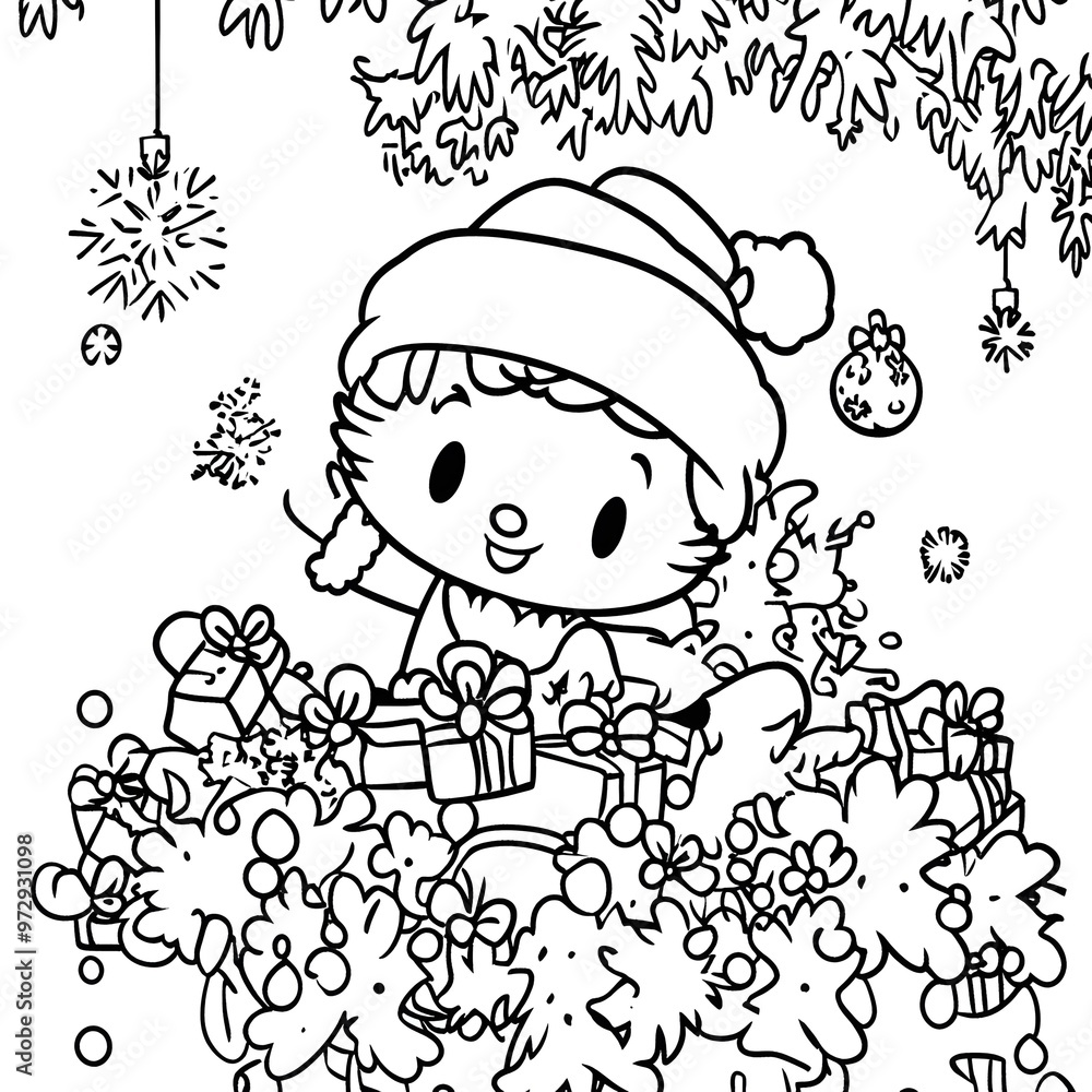 Christmas Elf with Presents and Snowflakes Coloring Page Christmas Elf with Presents and Snowflakes Coloring Page