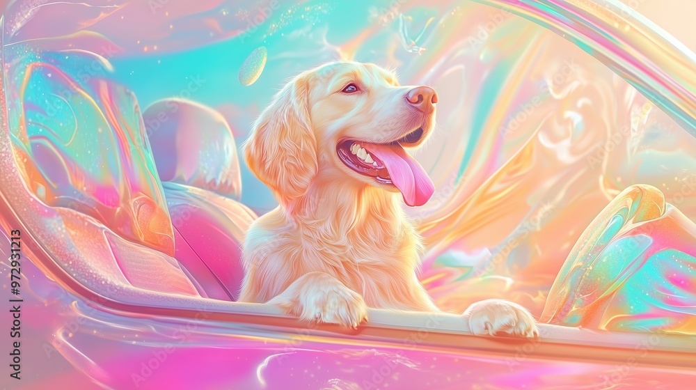 Obraz premium Golden retriever enjoying a colorful ride with its head out of the car window on a sunny day in a vibrant, dreamy environment