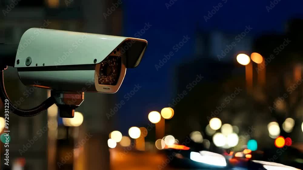 Road traffic control IP CCTV surveillance camera for recording on the road for safety and traffic violations. Security, private territory, property control. Modern technology concept Road traffic control IP CCTV surveillance camera for recording on the road for safety and traffic violations. Security, private territory, property control. Modern technology concept
