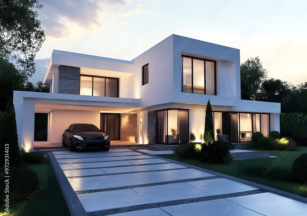 Modern Minimalist House Exterior Design with Stone Walls and Lush Greenery Modern Minimalist House Exterior Design with Stone Walls and Lush Greenery