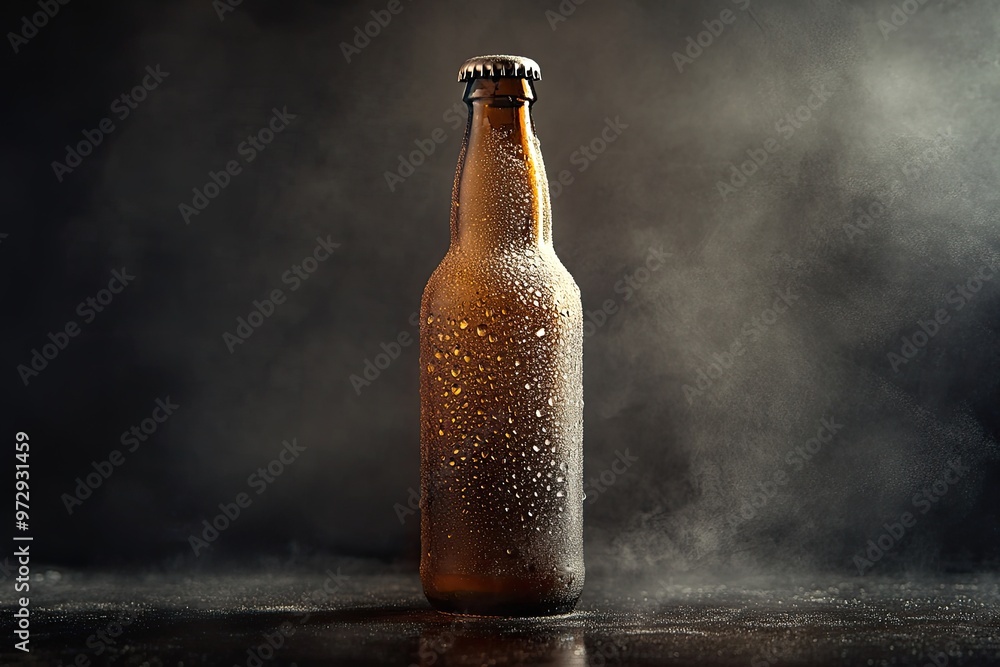 Frosted beer bottle with condensation, set against a dark background for a dramatic effect Frosted beer bottle with condensation, set against a dark background for a dramatic effect