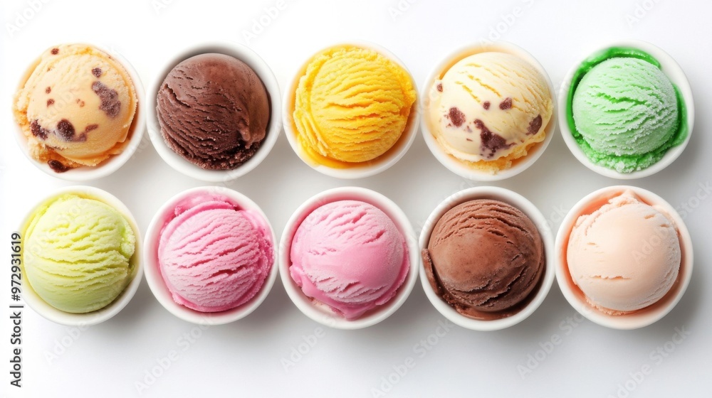 Top view ice creams scoop that various flavor in white bowl isolated on background. Top view ice creams scoop that various flavor in white bowl isolated on background.