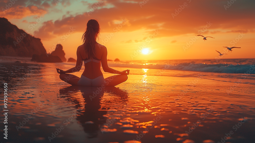 Peaceful yoga practice at sunset on the beach with serene ocean view Peaceful yoga practice at sunset on the beach with serene ocean view