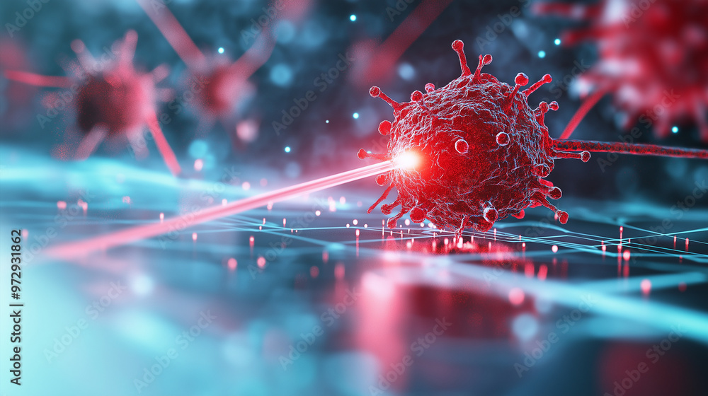 Fototapeta premium A detailed visualization of laser therapy, with a focused laser beam targeting a small cluster of cells, highlighting the precision and accuracy of the technology.