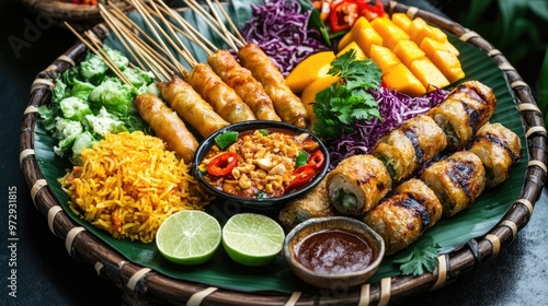 A colorful array of Thai street food including spring rolls, satay skewers, and mango sticky rice, presented on a traditional Thai-style plate photo