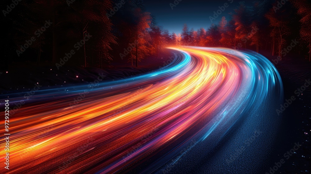 A vibrant scene of light trails on a winding road, capturing the essence of motion and speed in a nighttime forest setting. A vibrant scene of light trails on a winding road, capturing the essence of motion and speed in a nighttime forest setting.