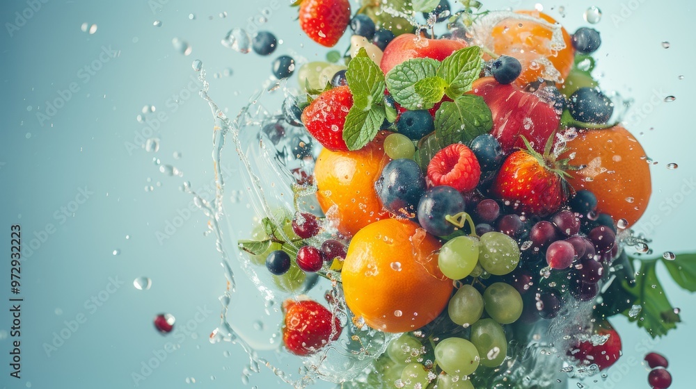 Fresh fruits splashing in water with a vibrant backdrop Fresh fruits splashing in water with a vibrant backdrop