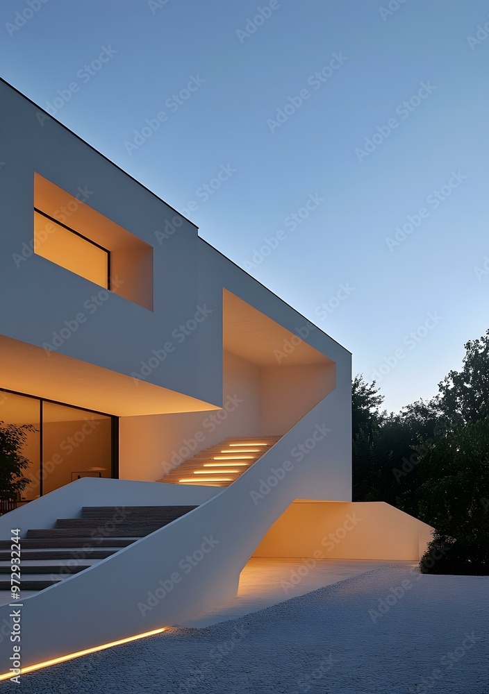 Modern White House Exterior with Illuminated Staircase at Dusk Modern White House Exterior with Illuminated Staircase at Dusk