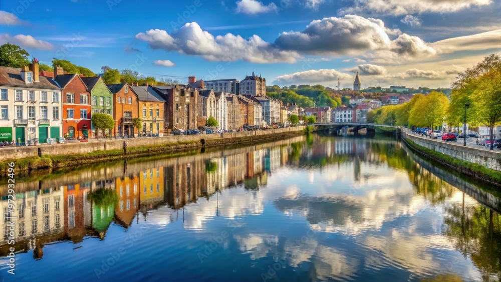 Obraz premium Bank of the river Lee in Cork, Ireland, Cork, Ireland, river, Lee, bank, landscape, city, skyline, architecture