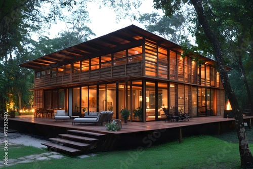 Modern Wooden House with Large Windows and Deck in the Forest