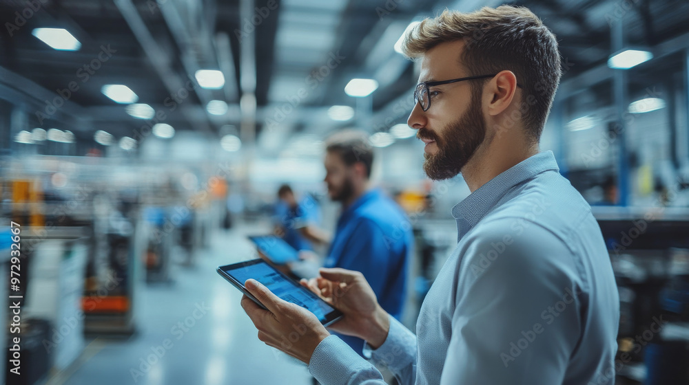 Employees using tablets and digital tools in a modernized industrial setting Employees using tablets and digital tools in a modernized industrial setting