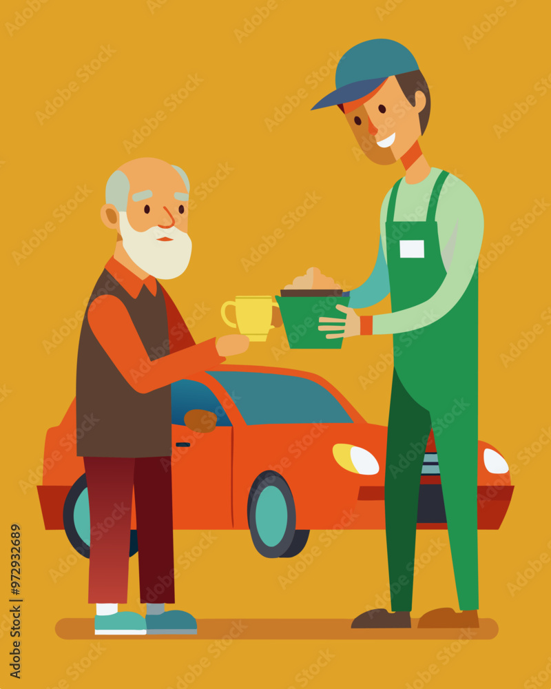 A retired mechanic offering free car repairs to community members in need in exchange for volunteer hours at a soup kitchen.. Vector illustration A retired mechanic offering free car repairs to community members in need in exchange for volunteer hours at a soup kitchen.. Vector illustration