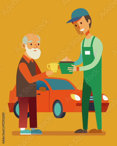 A retired mechanic offering free car repairs to community members in need in exchange for volunteer hours at a soup kitchen.. Vector illustration