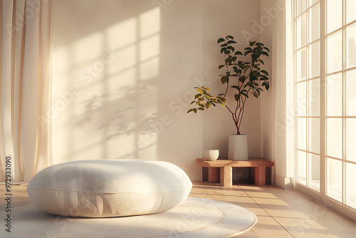 Modern interior japandi style design livingroom. Lighting and sunny scandinavian apartment with plaster and wood. 3d render. Generative Ai. photo