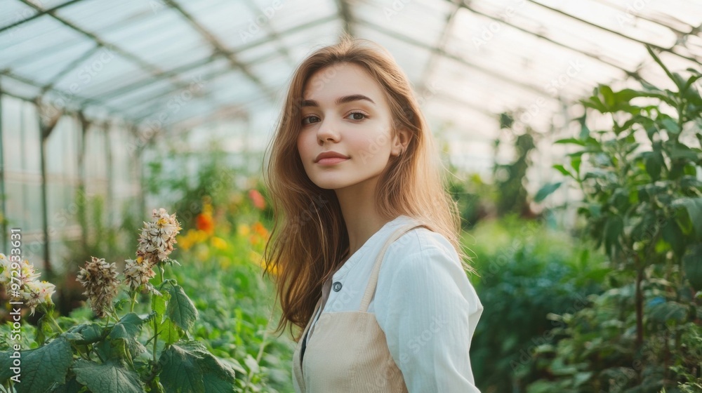 Portrait of a pretty young woman against the background of a large greenhouse with beautiful and diverse plants and flowers. The concept of gardening and love of nature. Portrait of a pretty young woman against the background of a large greenhouse with beautiful and diverse plants and flowers. The concept of gardening and love of nature.