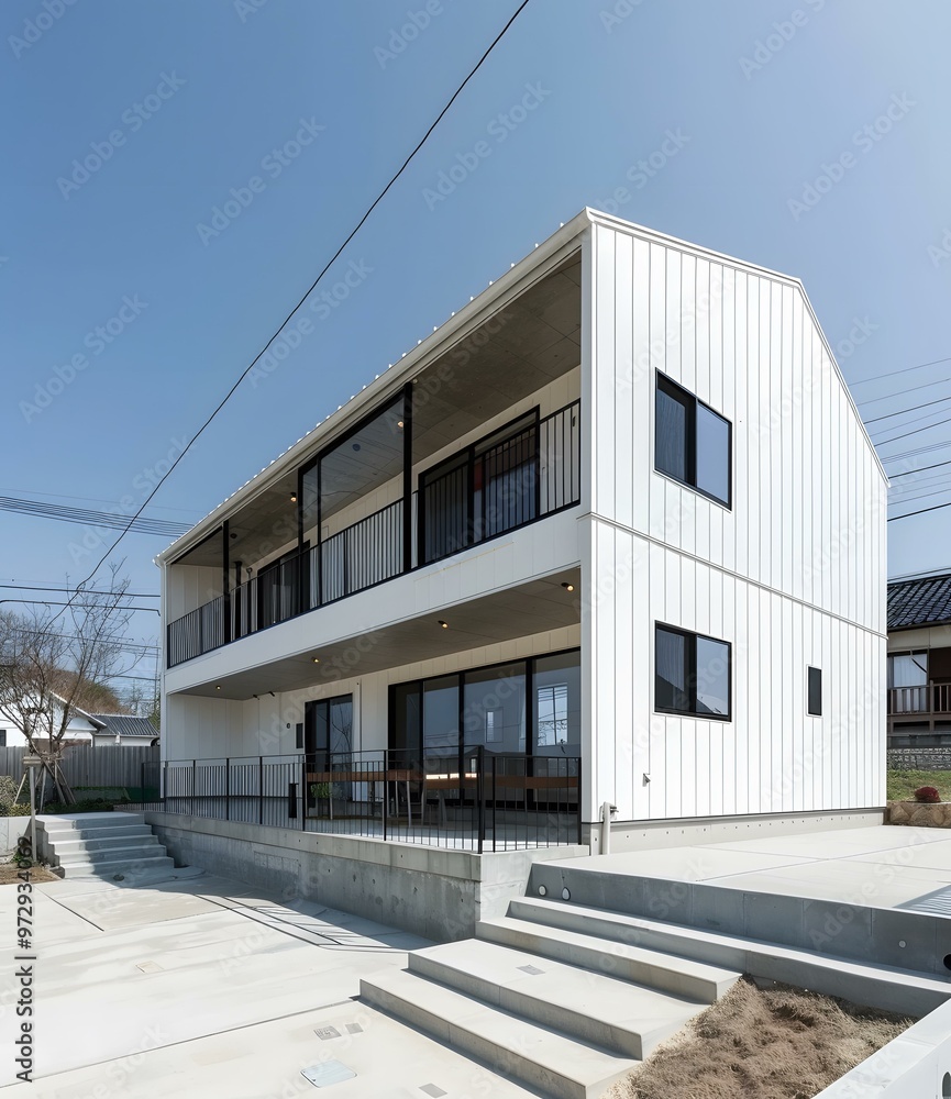 Modern White House With Black Railings And Concrete Steps Modern White House With Black Railings And Concrete Steps