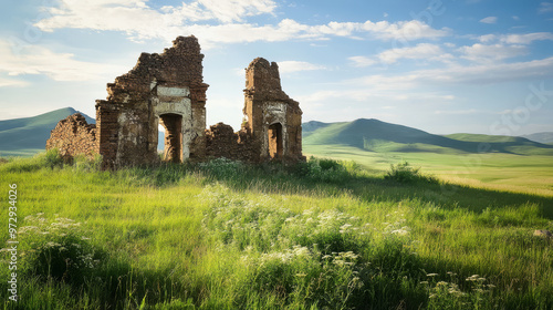 Crumbling walls of an ancient Mongolian temple, now overgrown with wild vegetation, history merging with nature